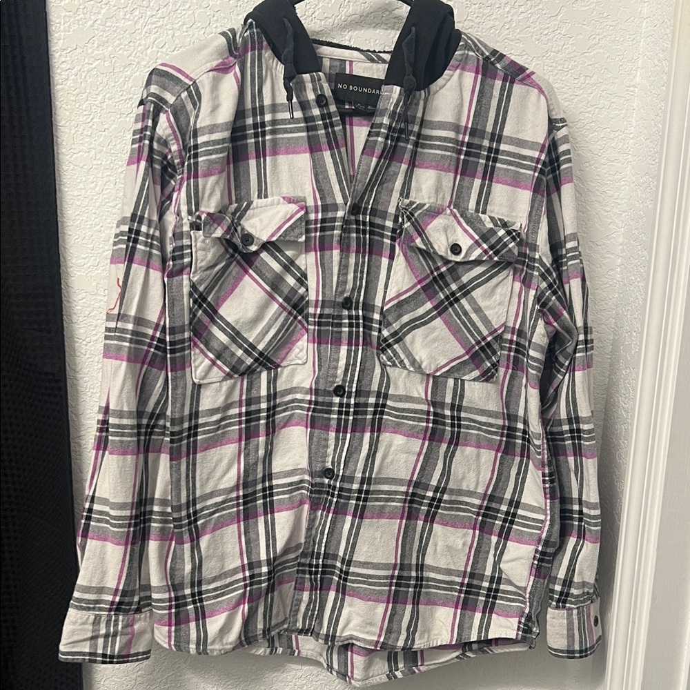 No Boundaries Black and White Plaid Shirt with Pink Accents